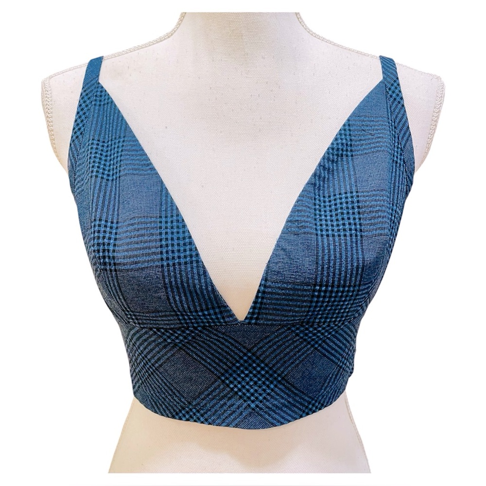 Free People Issa Lifestyle Bralette Blue Plaid V-Neck Crop Top Small
